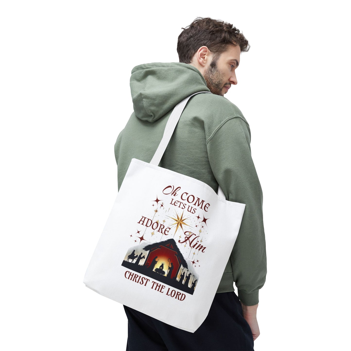 Nativity Scene Tote Bag with 'Oh come let us adore Him, Christ the Lord' Phrase