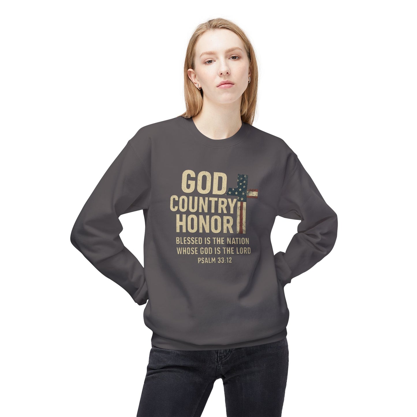 God, Country, Honor with American Flag Shaped Cross Sweatshirt -