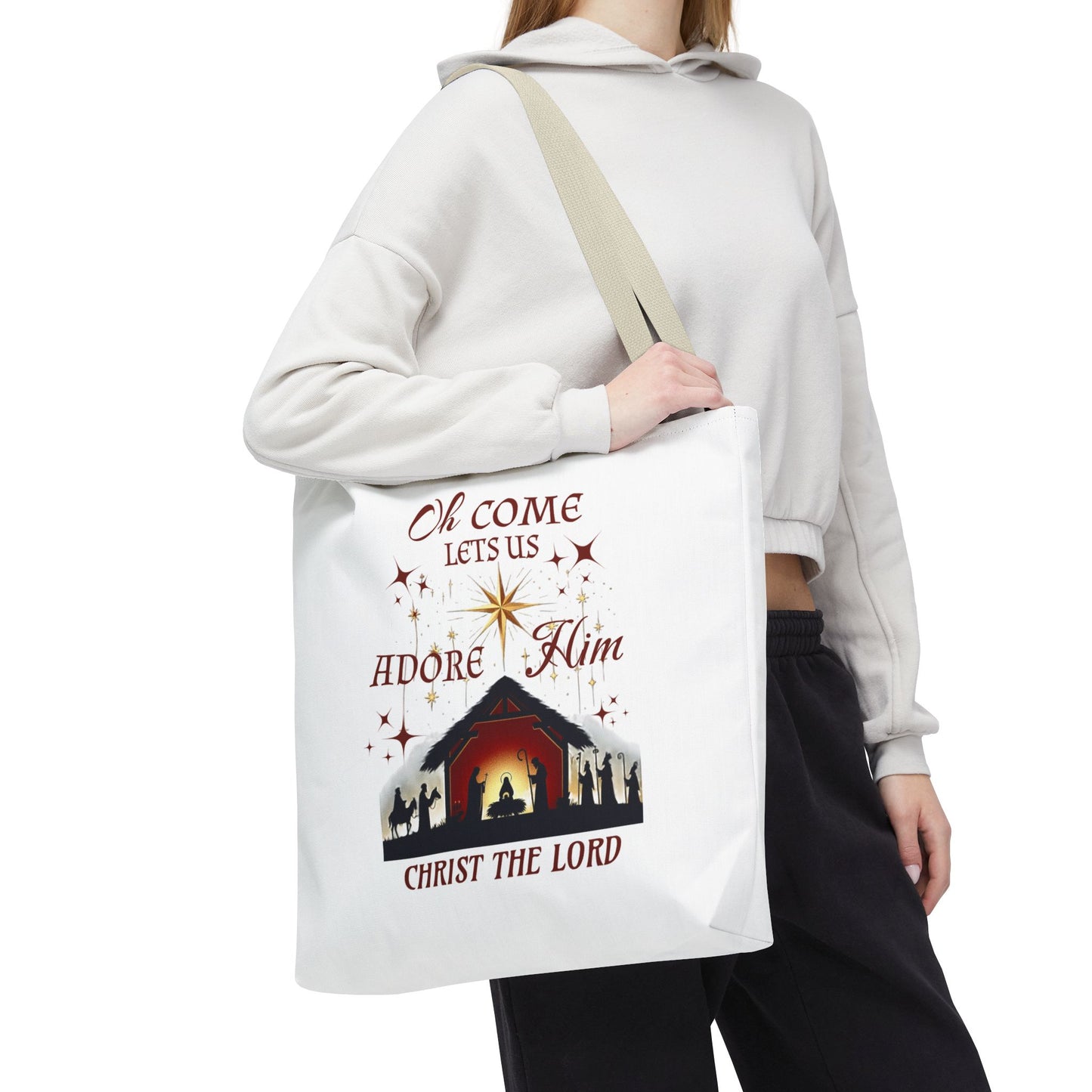 Nativity Scene Tote Bag with 'Oh come let us adore Him, Christ the Lord' Phrase