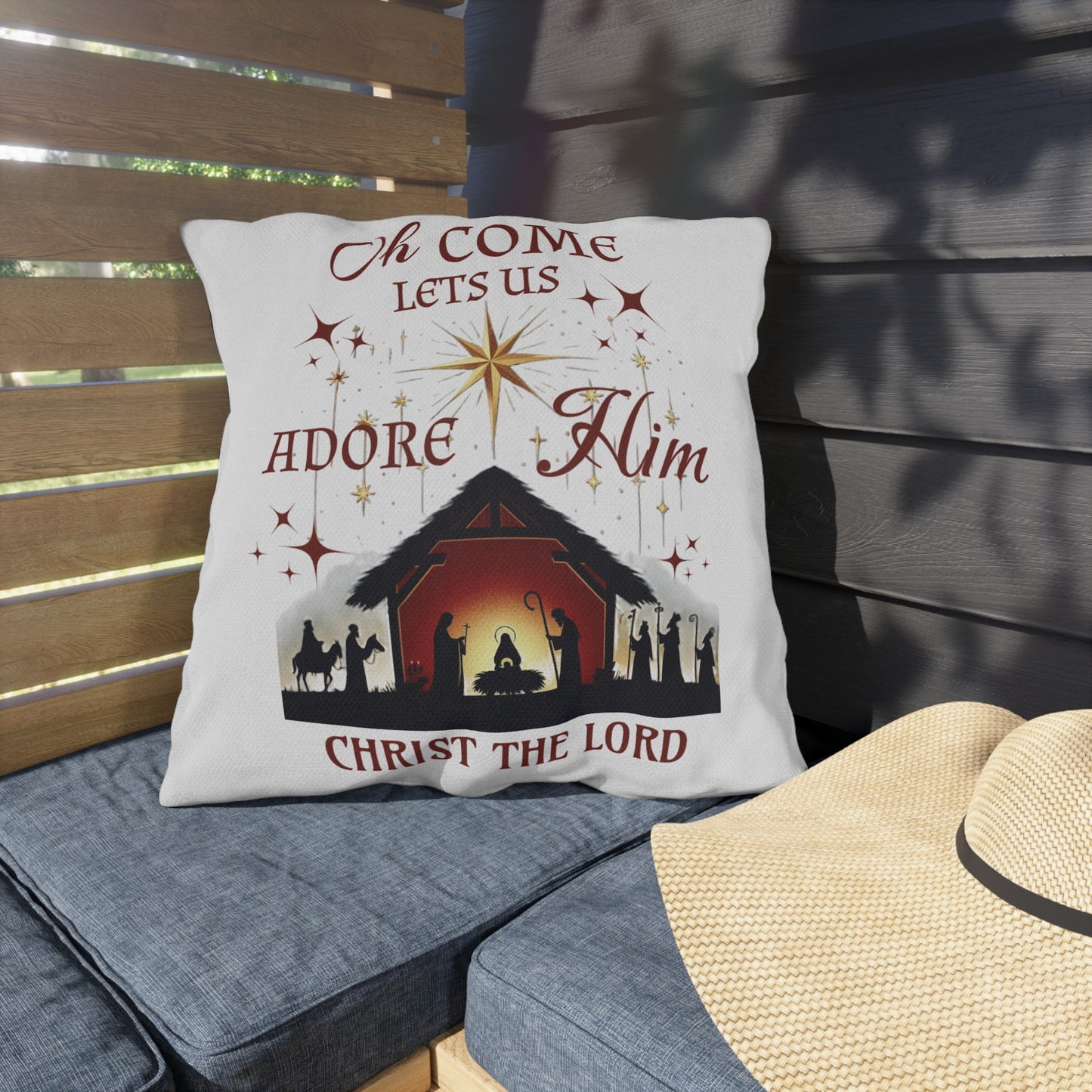 Outdoor Pillows - Nativity scene with 'Oh come let us adore Him, Christ the Lord'