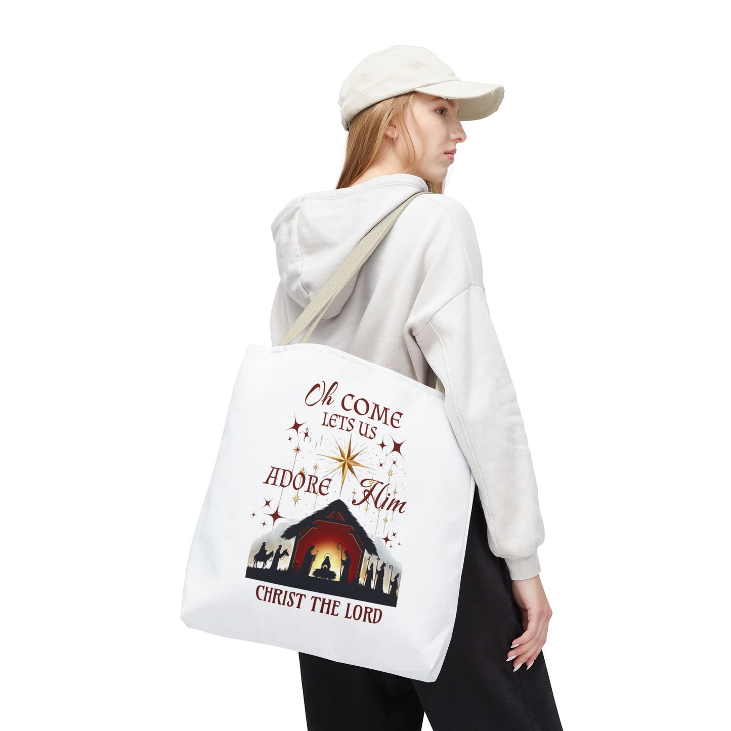 Nativity Scene Tote Bag with 'Oh come let us adore Him, Christ the Lord' Phrase
