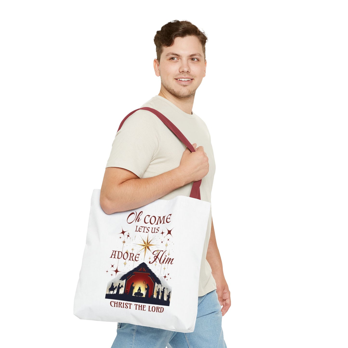 Nativity Scene Tote Bag with 'Oh come let us adore Him, Christ the Lord' Phrase