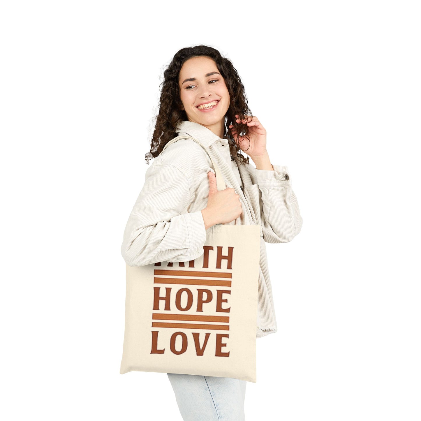 Faith Hope Love Cotton Canvas Tote Bag — Inspirational Quote Market Bag
