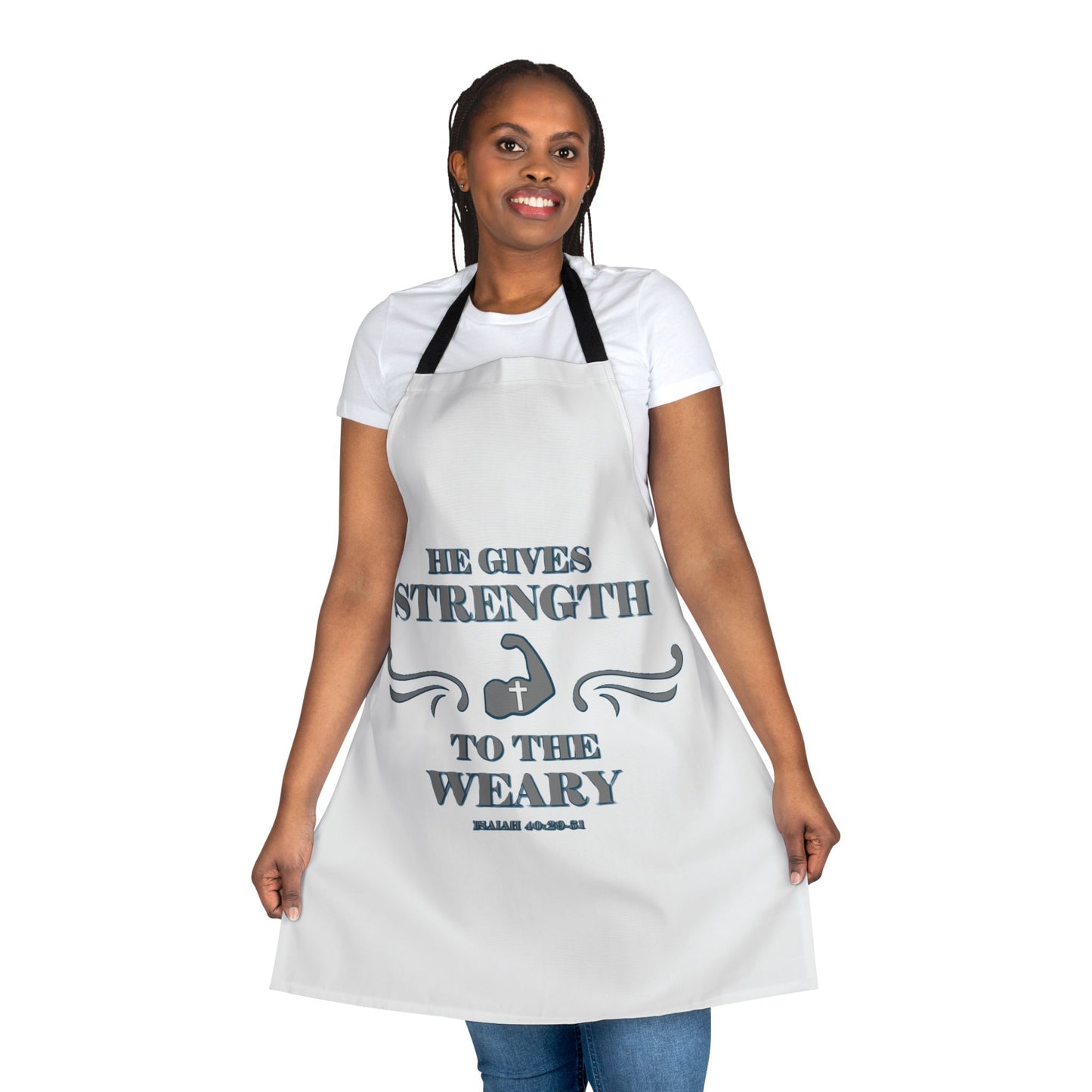 Apron, 5-Color Straps (AOP) Bible Verse Isaiah 40:29-31 'He gives Strength to the Weary'