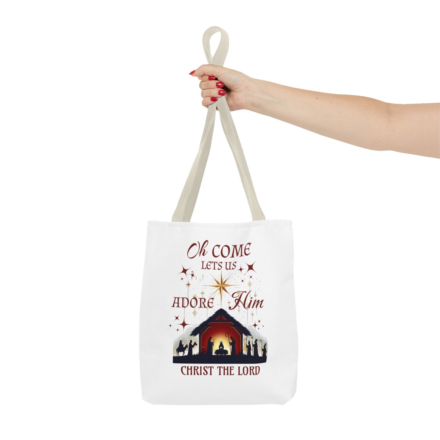 Nativity Scene Tote Bag with 'Oh come let us adore Him, Christ the Lord' Phrase