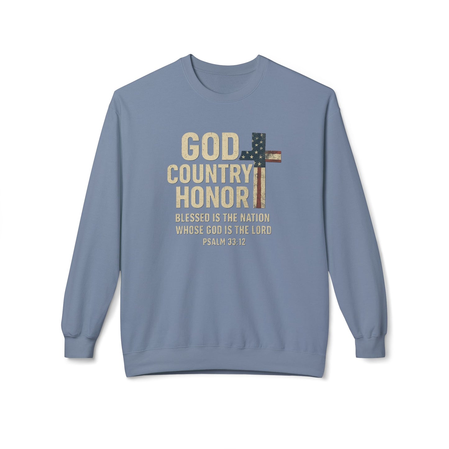 God, Country, Honor with American Flag Shaped Cross Sweatshirt -