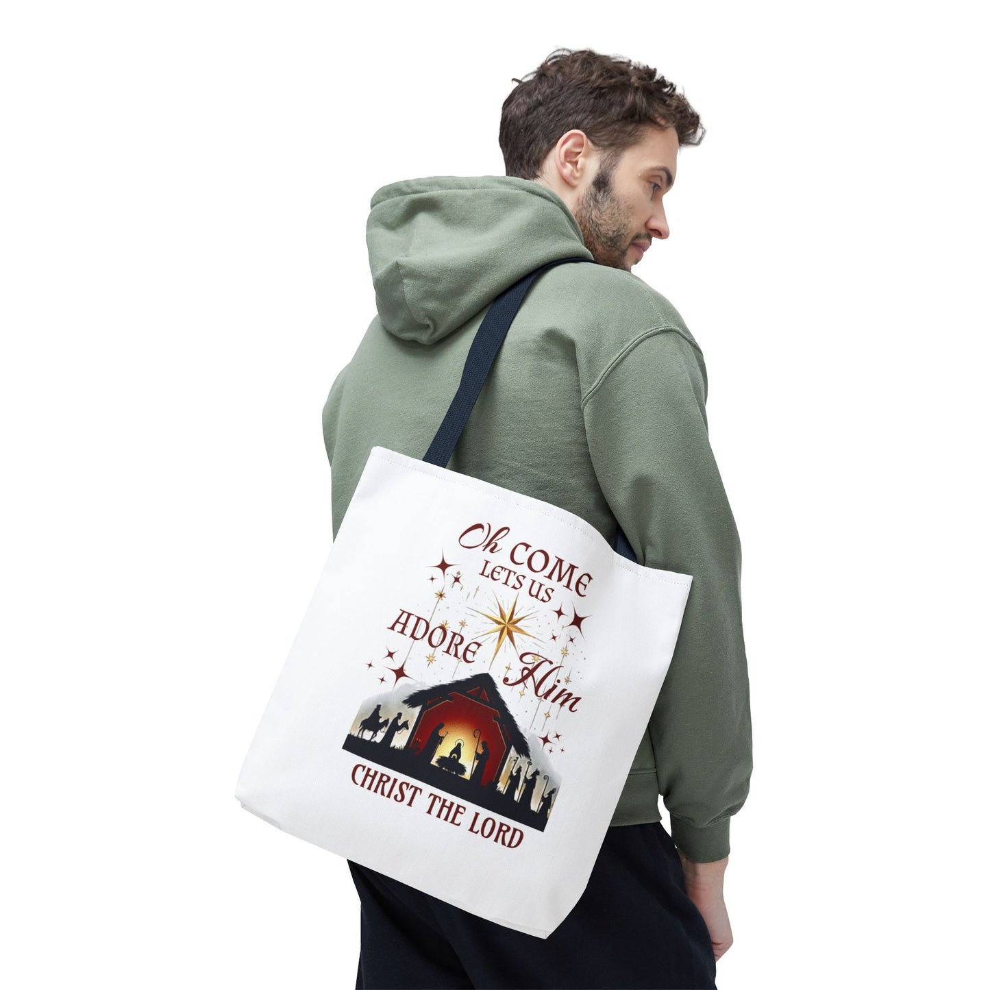 Nativity Scene Tote Bag with 'Oh come let us adore Him, Christ the Lord' Phrase
