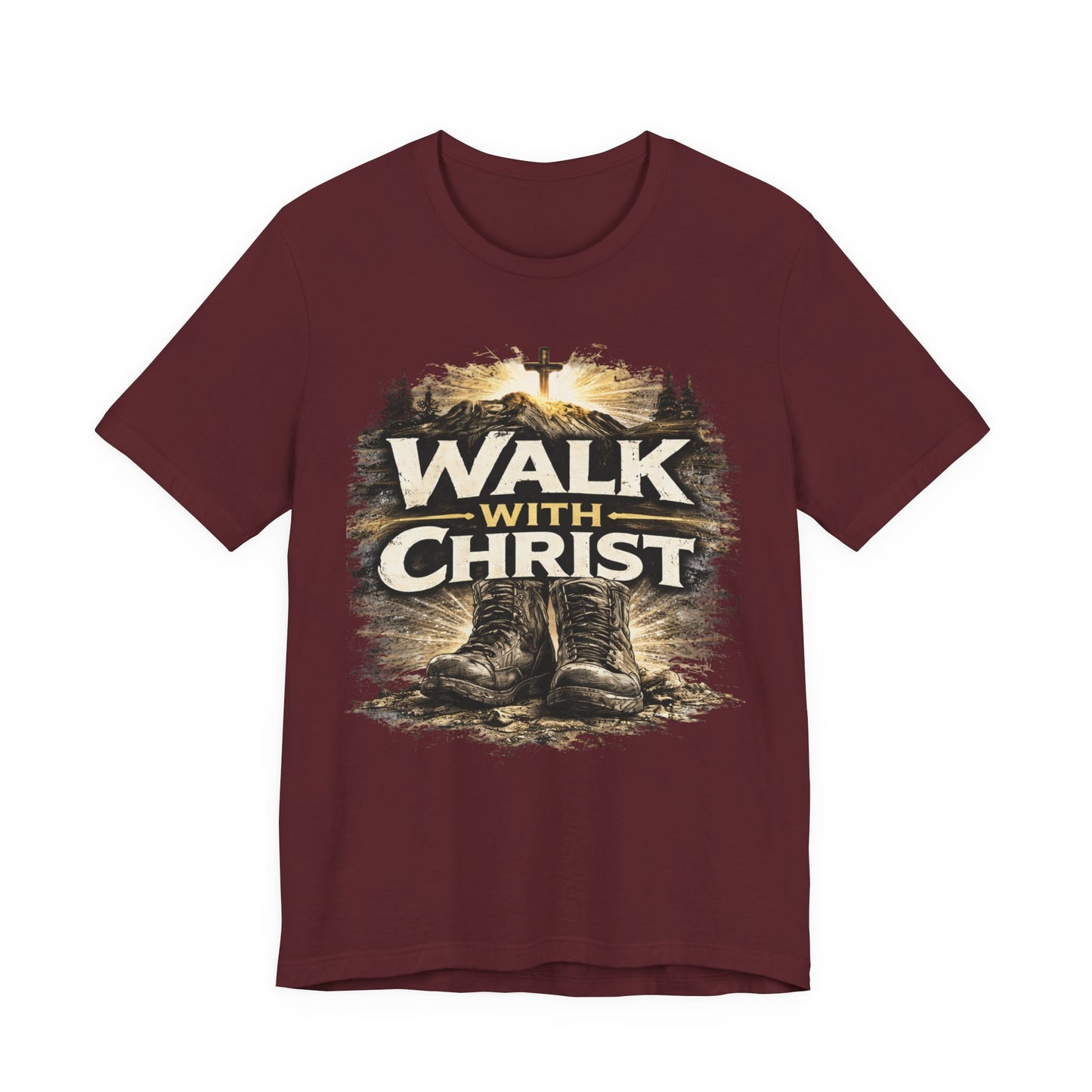 Walk With Christ T-Shirt — Christian Faith Tee with Boots & Cross Design