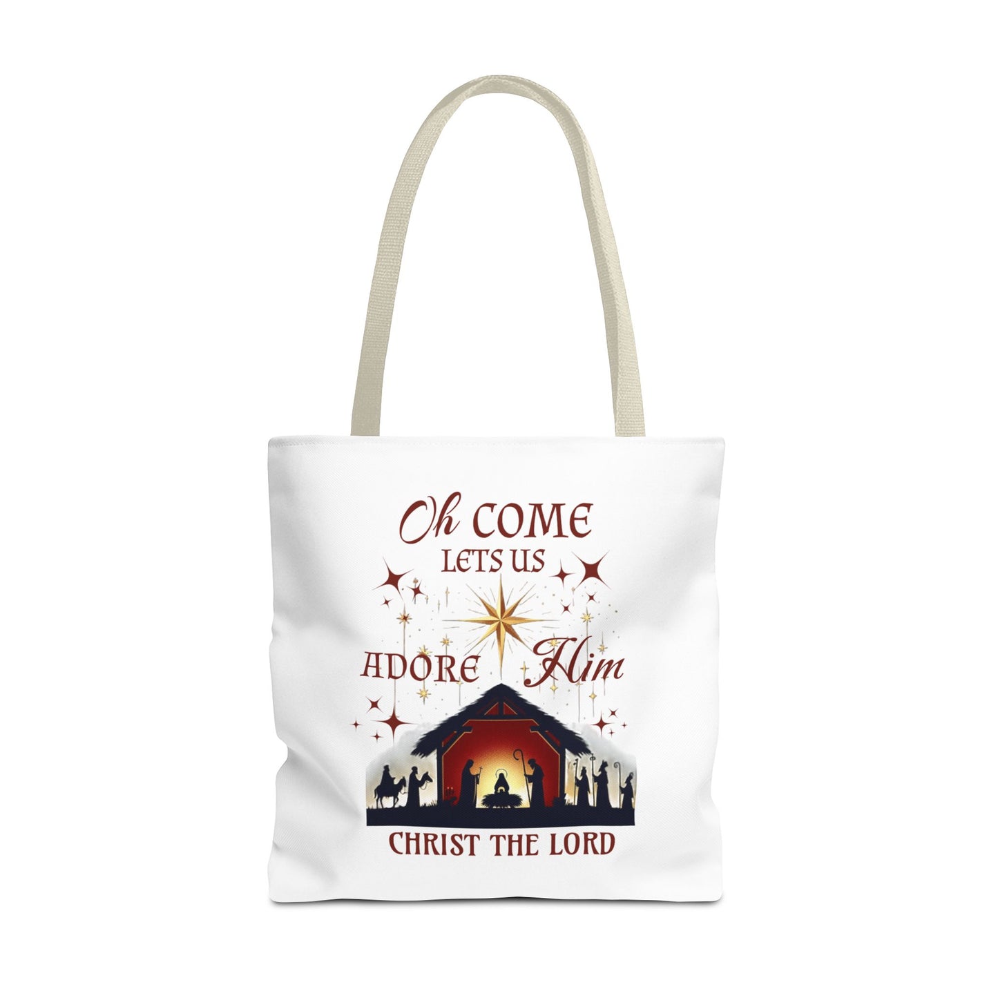 Nativity Scene Tote Bag with 'Oh come let us adore Him, Christ the Lord' Phrase