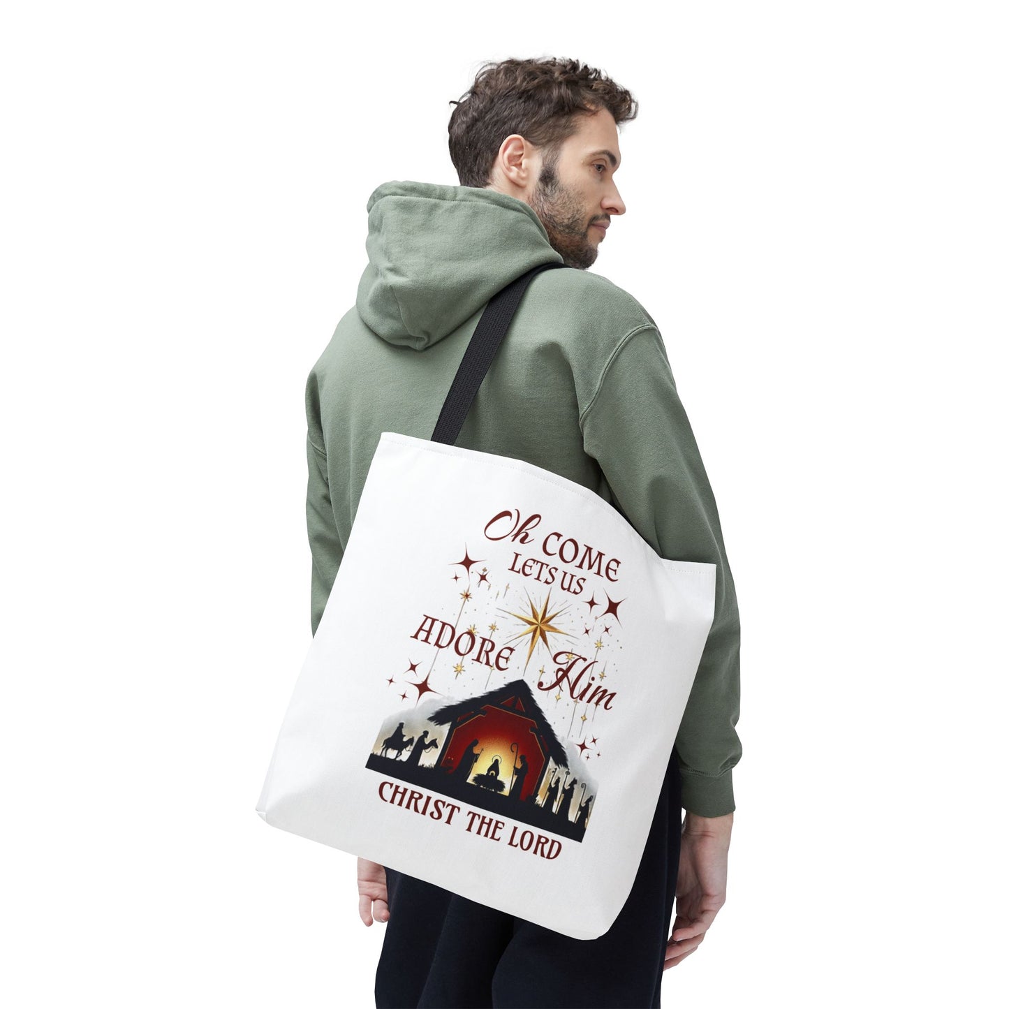 Nativity Scene Tote Bag with 'Oh come let us adore Him, Christ the Lord' Phrase