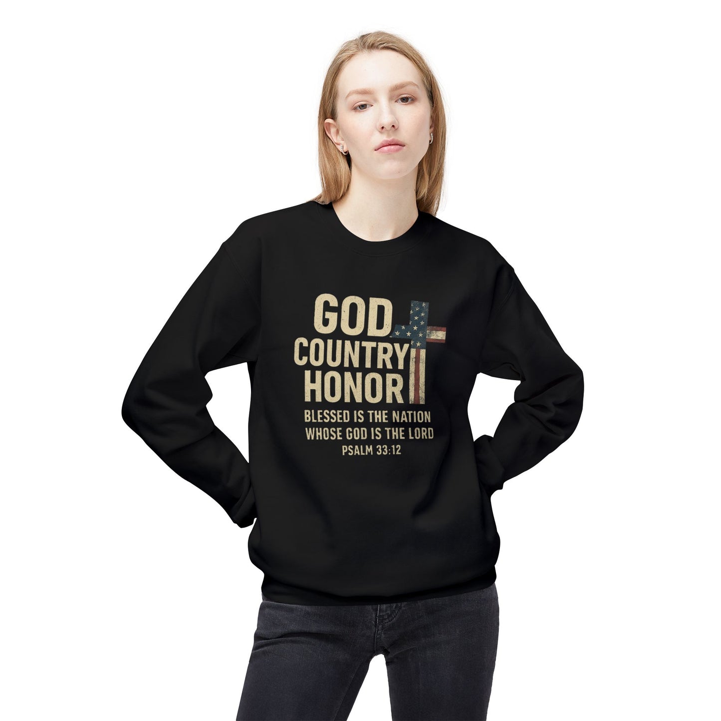 God, Country, Honor with American Flag Shaped Cross Sweatshirt -