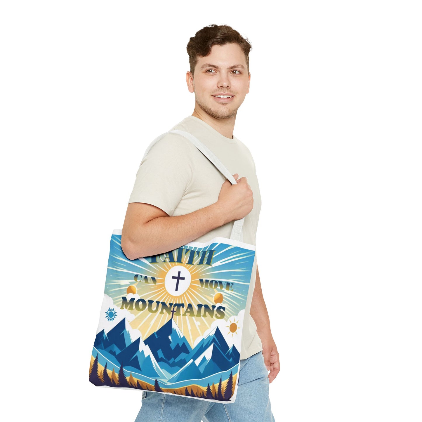 "FAITH CAN MOVE MOUNTAINS" Tote Bag (AOP)
