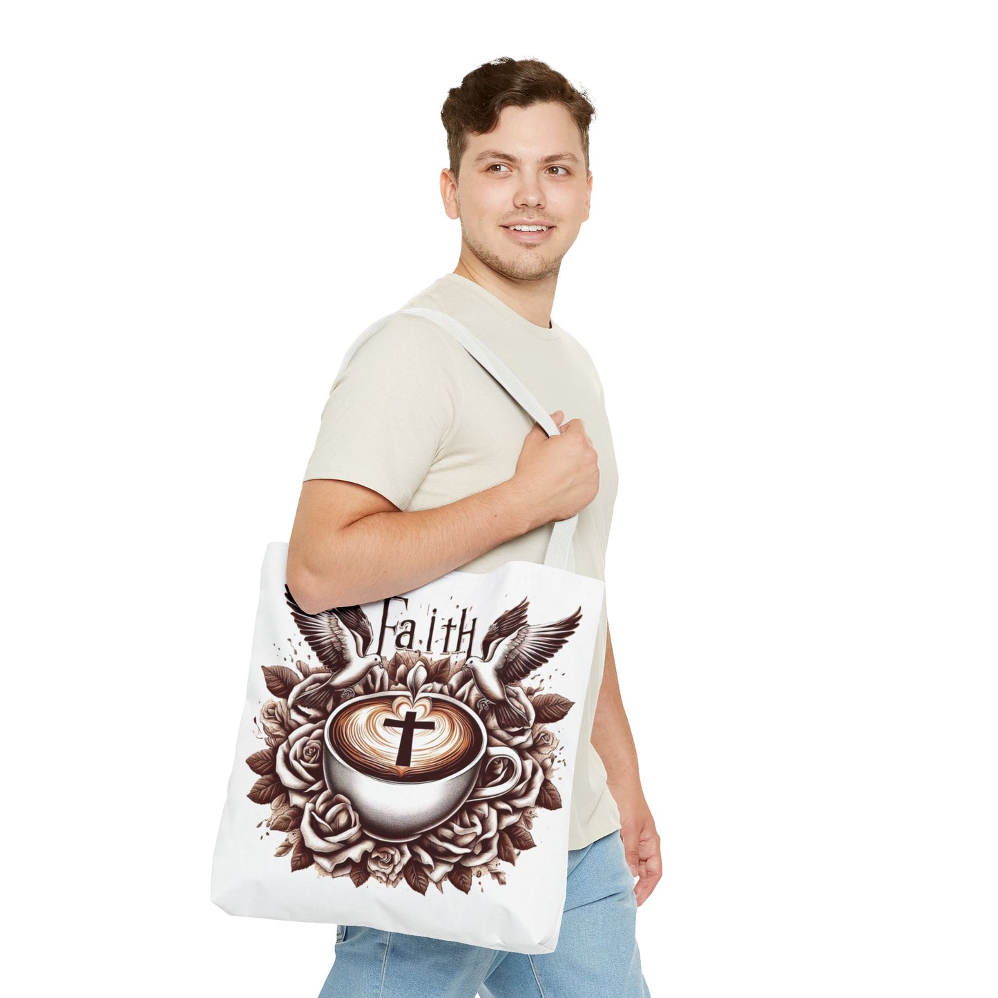 Tote Bag (AOP) "Faith and Coffee"