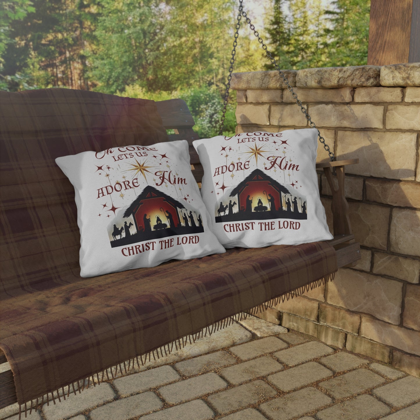 Outdoor Pillows - Nativity scene with 'Oh come let us adore Him, Christ the Lord'