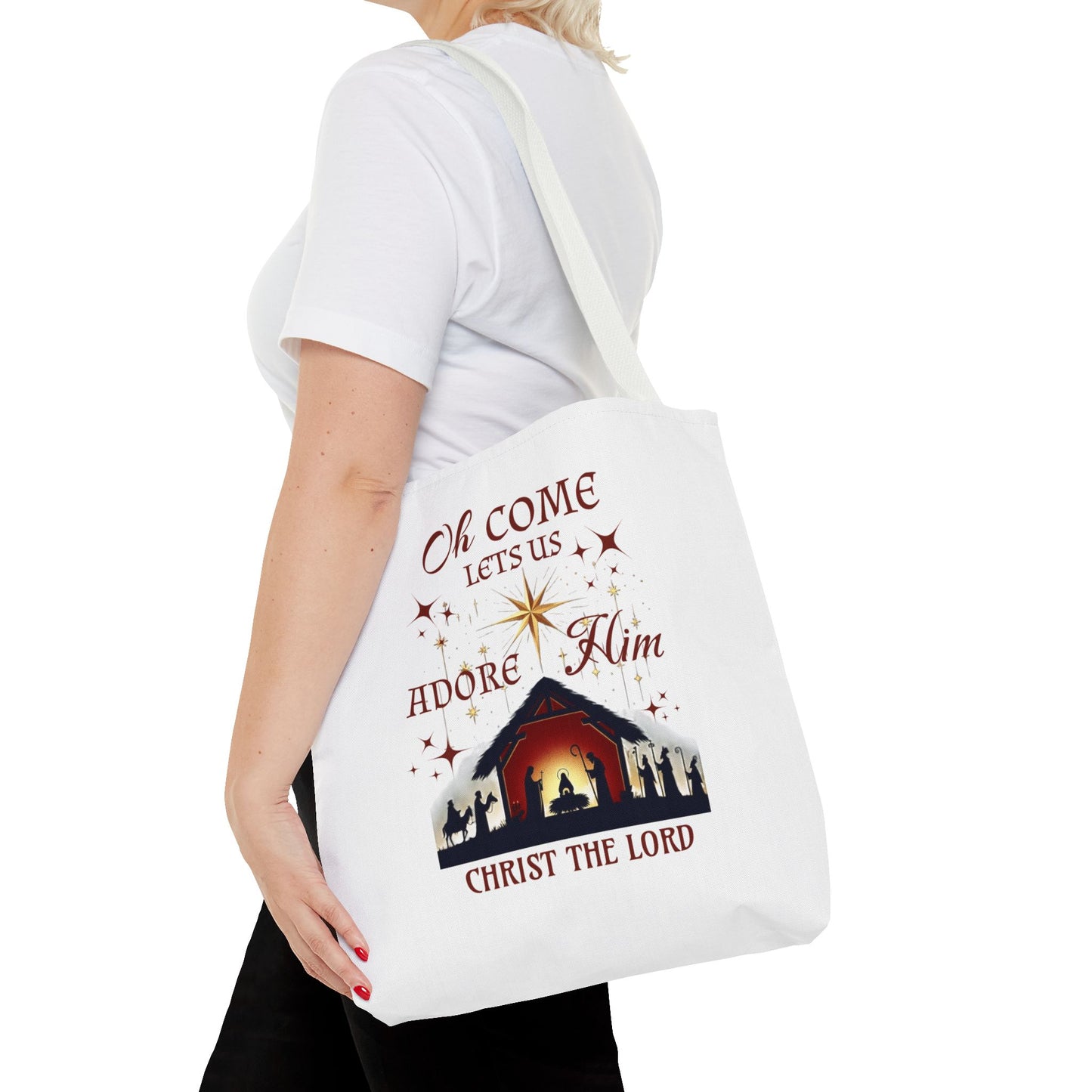 Nativity Scene Tote Bag with 'Oh come let us adore Him, Christ the Lord' Phrase