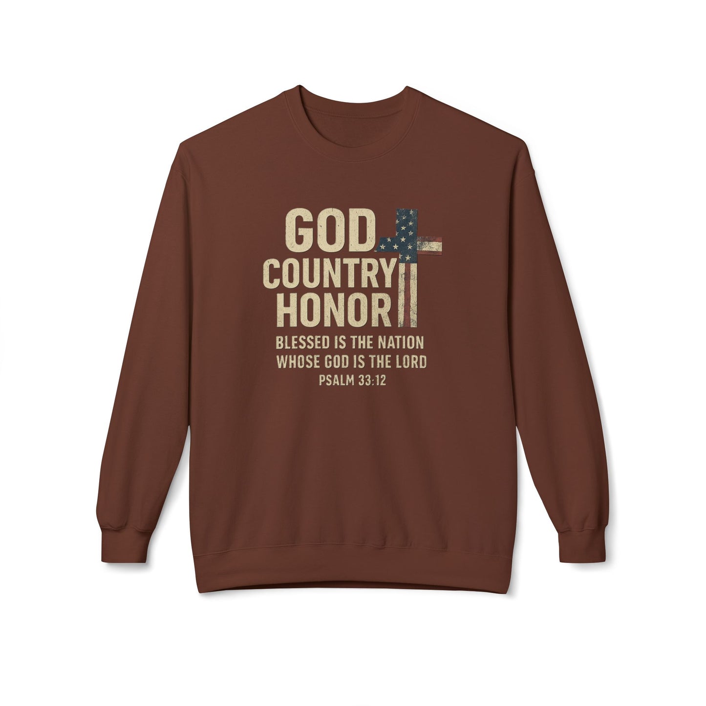 God, Country, Honor with American Flag Shaped Cross Sweatshirt -