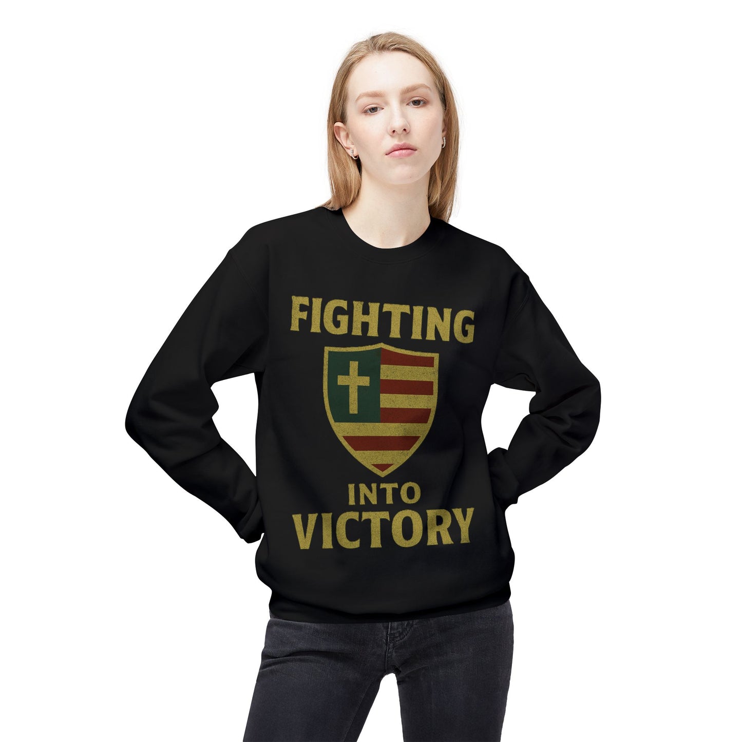 Christian Cross Shield Sweatshirt - Fighting into Victory