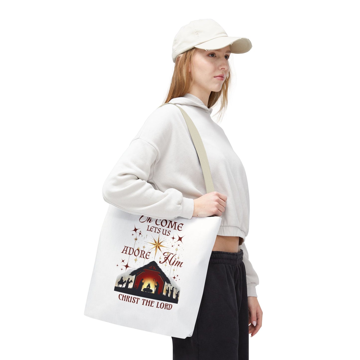 Nativity Scene Tote Bag with 'Oh come let us adore Him, Christ the Lord' Phrase
