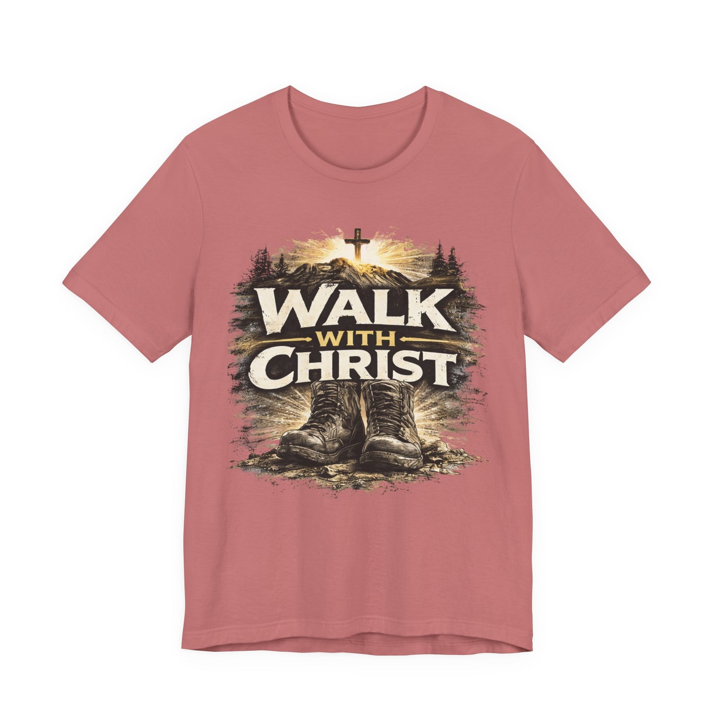 Walk With Christ T-Shirt — Christian Faith Tee with Boots & Cross Design
