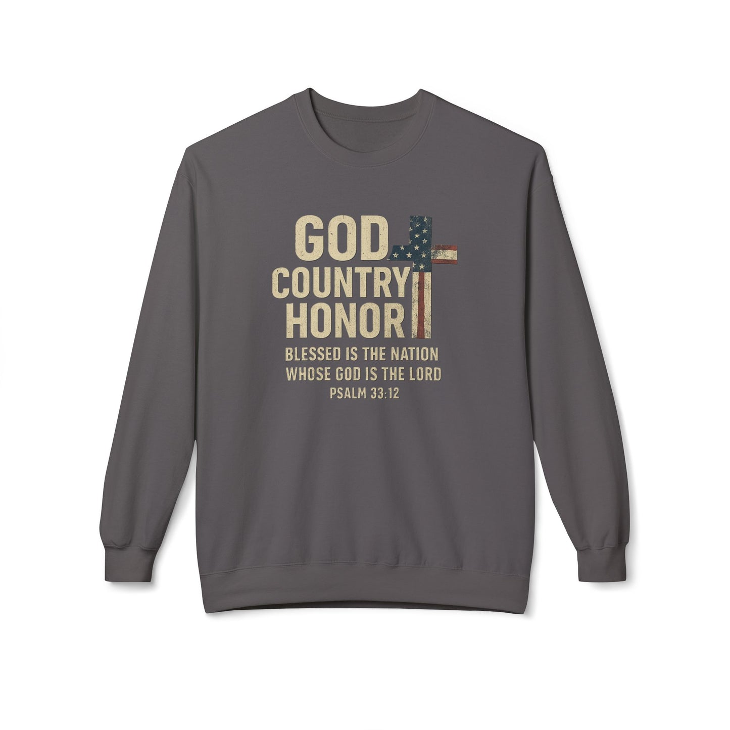 God, Country, Honor with American Flag Shaped Cross Sweatshirt -