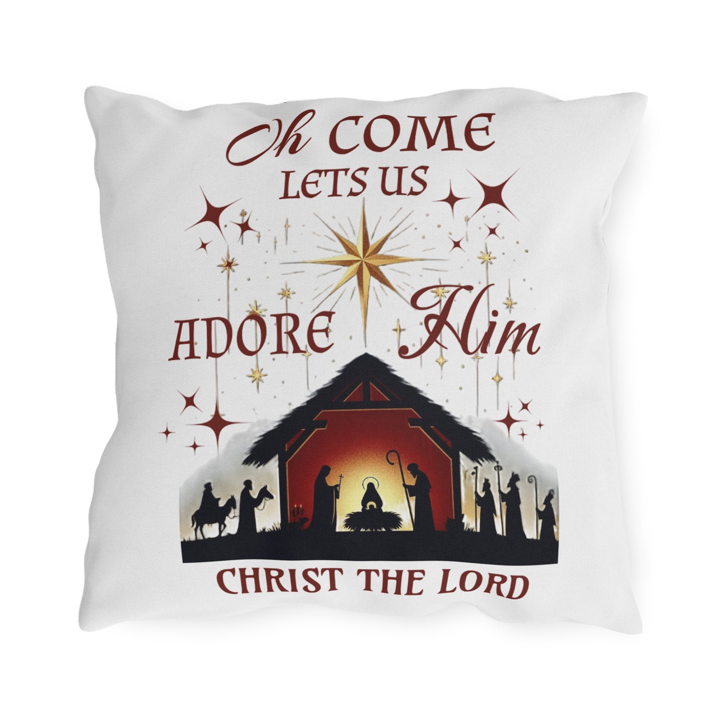 Outdoor Pillows - Nativity scene with 'Oh come let us adore Him, Christ the Lord'