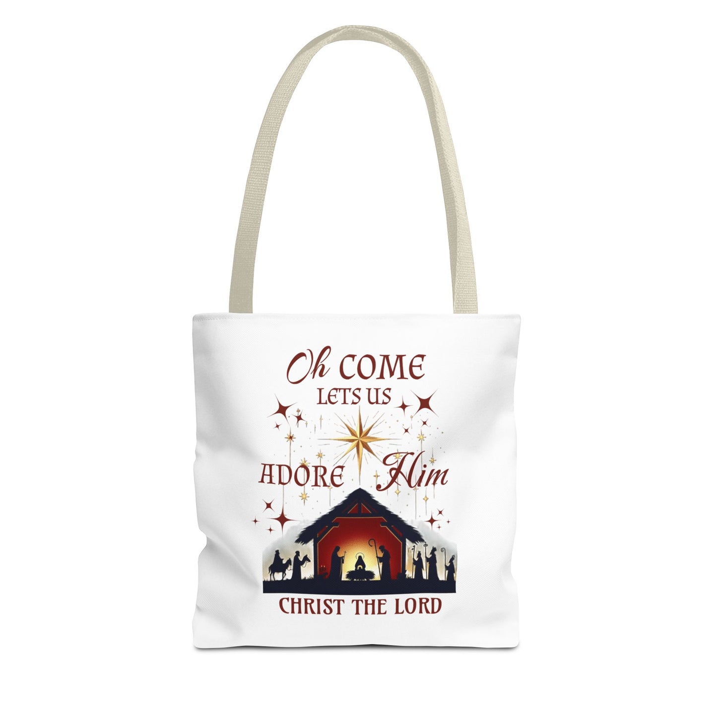 Nativity Scene Tote Bag with 'Oh come let us adore Him, Christ the Lord' Phrase