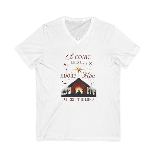 V-Neck Tee Nativity Scene 'Oh come let us adore Him, Christ the Lord'