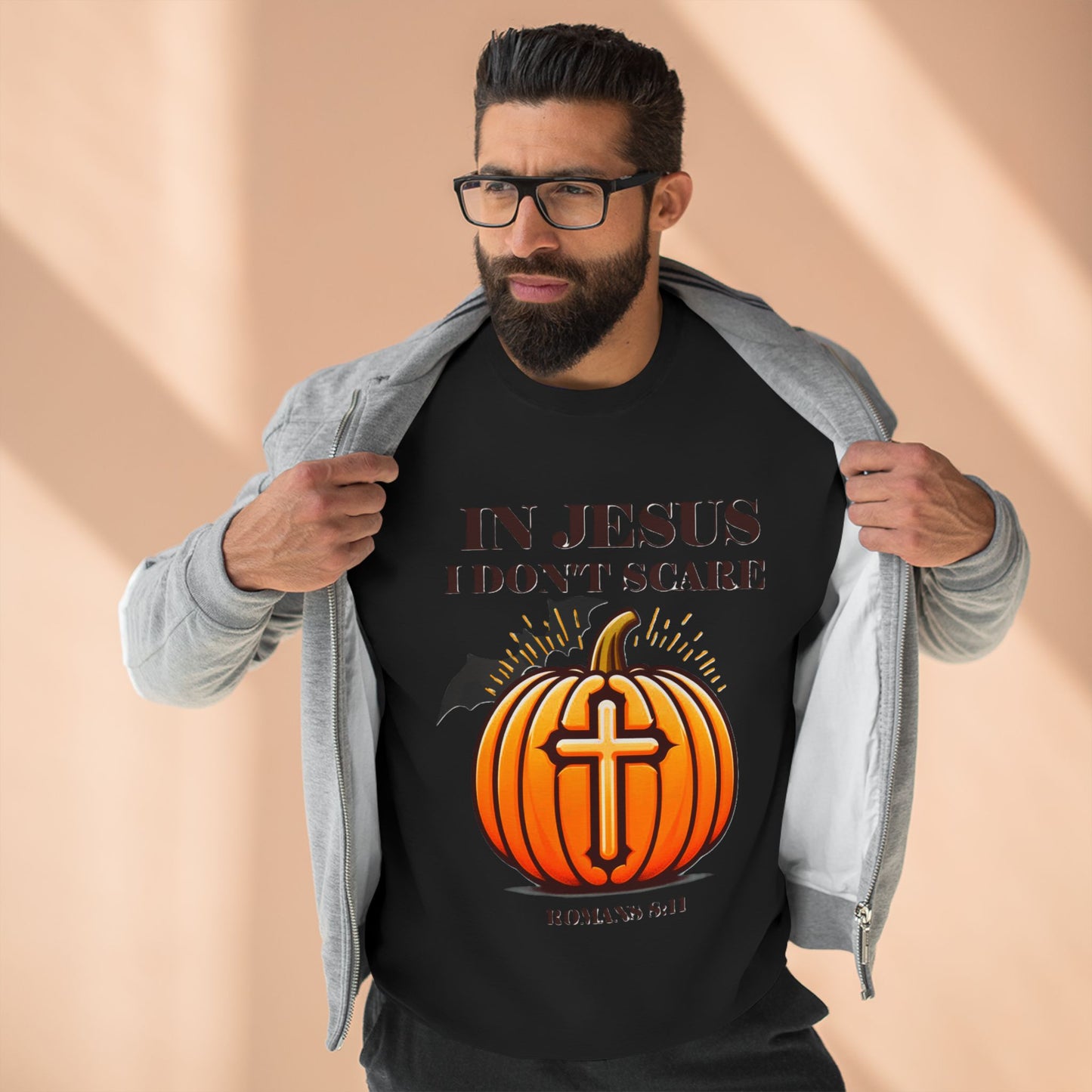 Christian Unisex Crewneck Sweatshirt with Bible Verse Romans 8:11 'IN JESUS I DON'T SCARE'