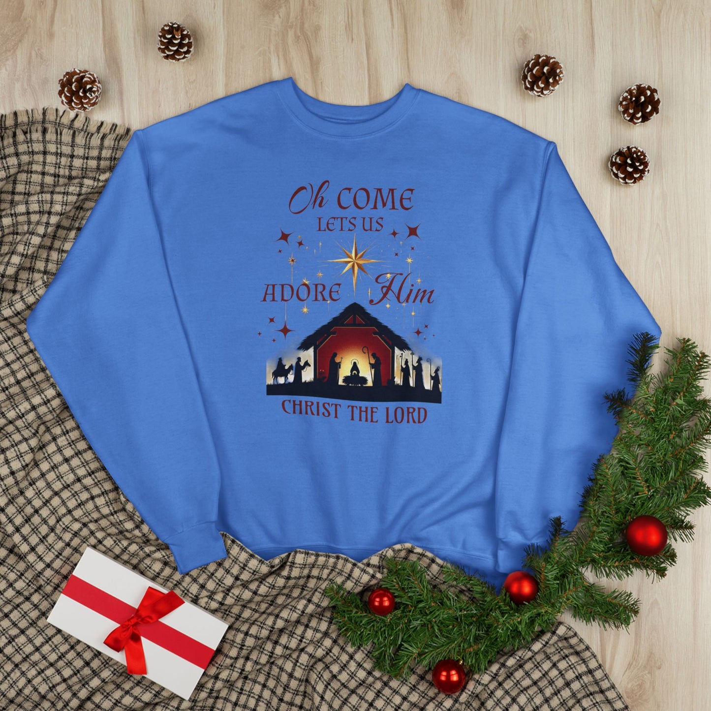 Christmas Nativity Unisex Sweatshirt with 'Oh come let us adore him, Christ the Lord' Design