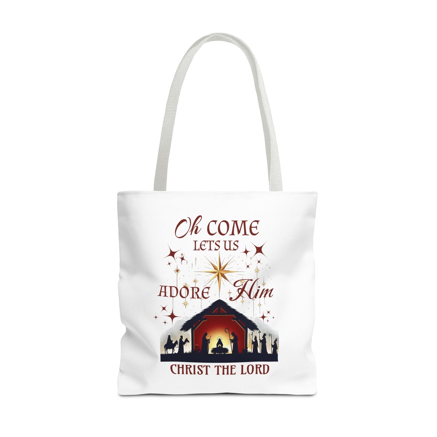 Nativity Scene Tote Bag with 'Oh come let us adore Him, Christ the Lord' Phrase