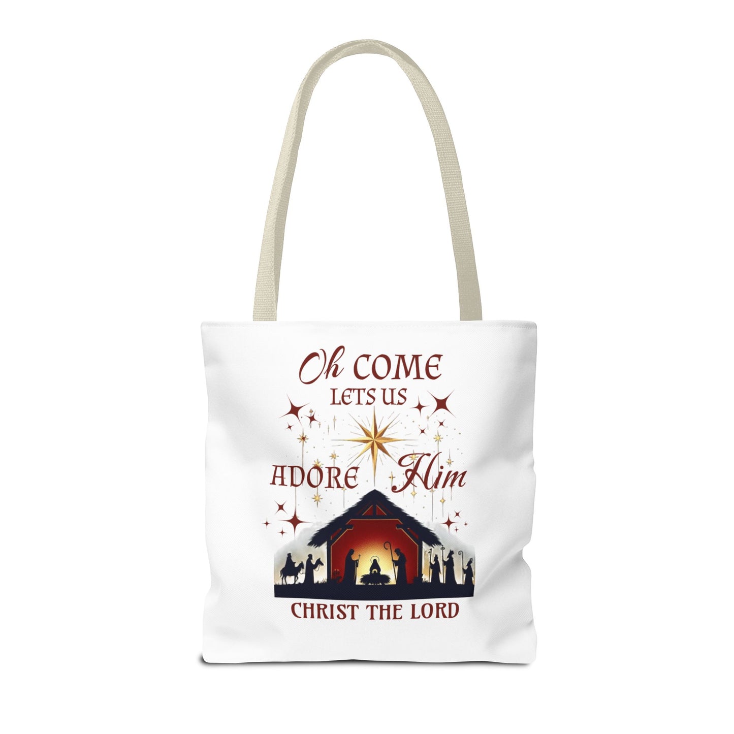 Nativity Scene Tote Bag with 'Oh come let us adore Him, Christ the Lord' Phrase