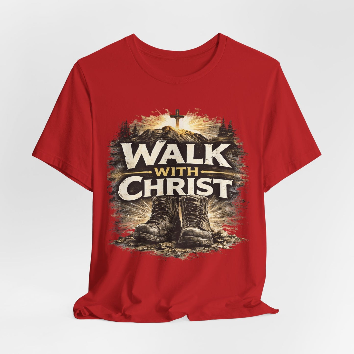 Walk With Christ T-Shirt — Christian Faith Tee with Boots & Cross Design