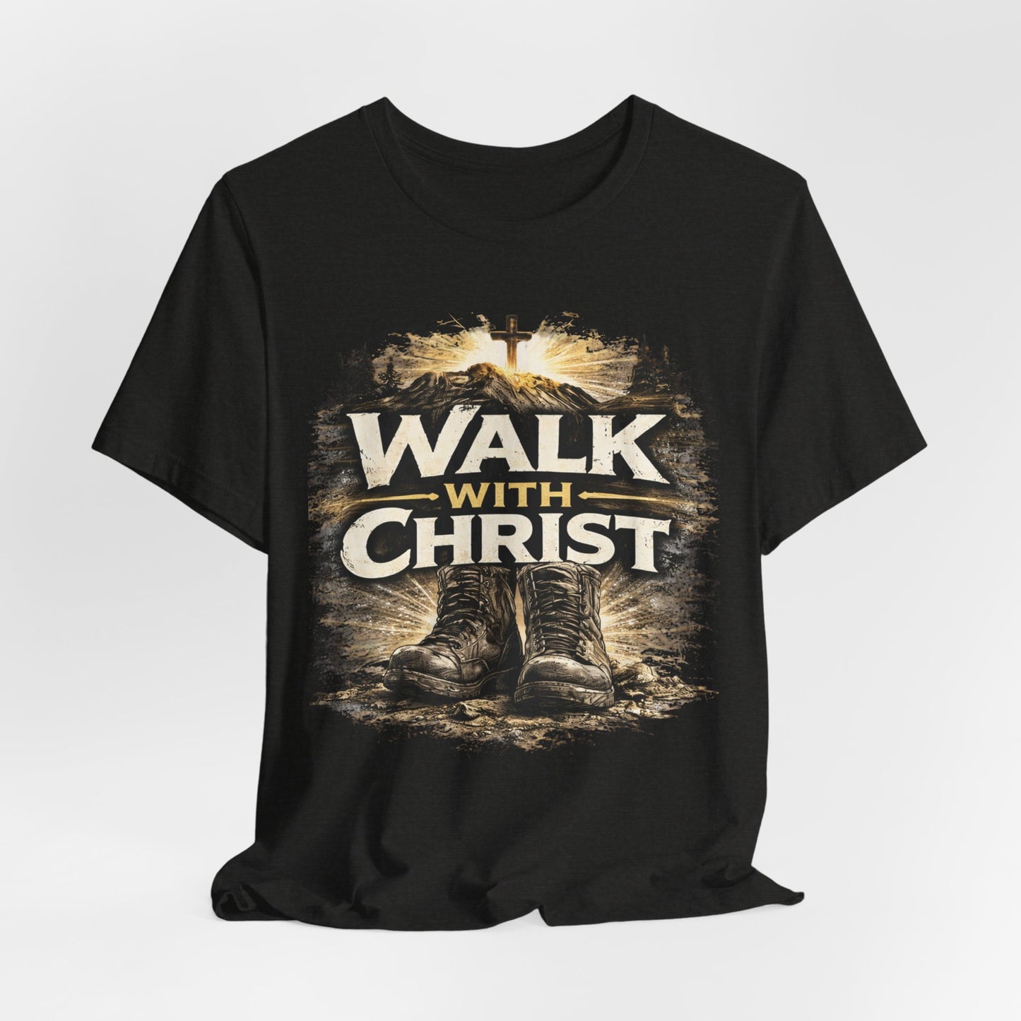 Walk With Christ T-Shirt — Christian Faith Tee with Boots & Cross Design