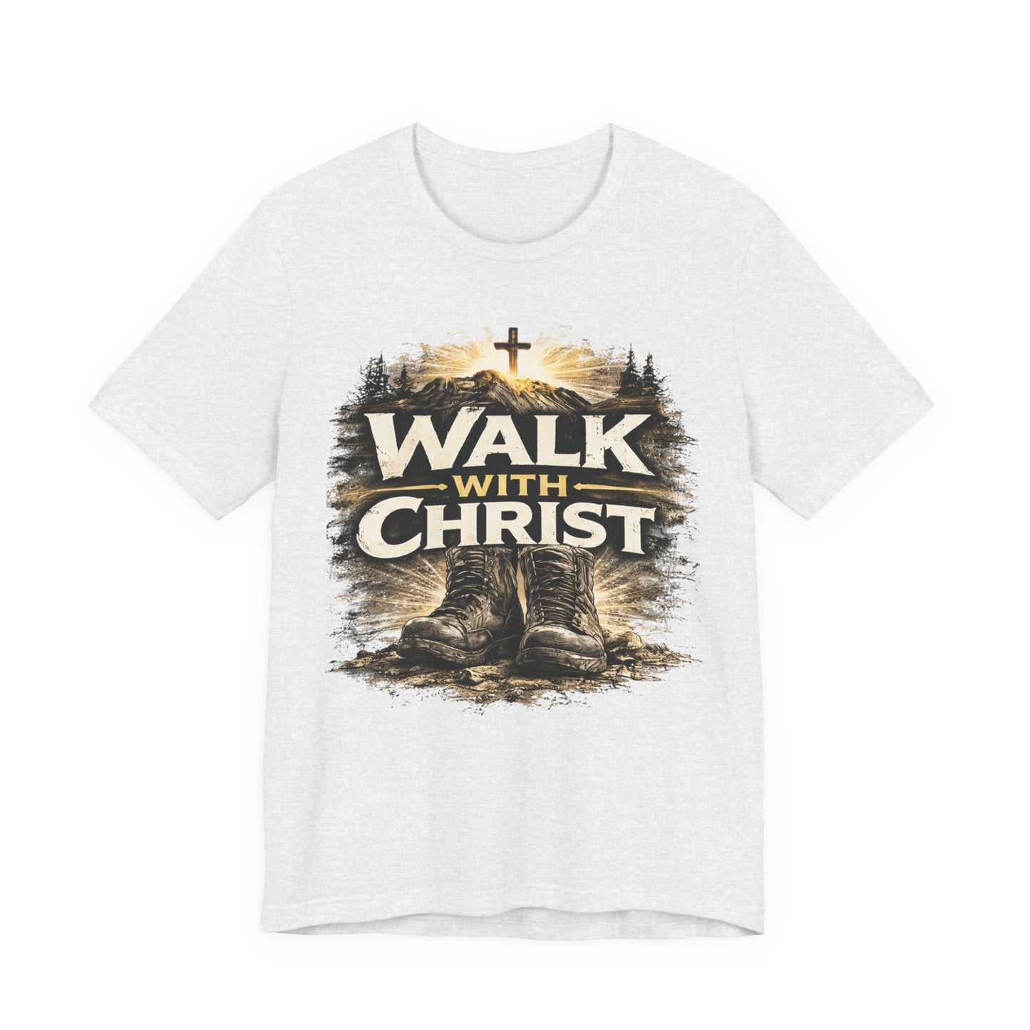 Walk With Christ T-Shirt — Christian Faith Tee with Boots & Cross Design