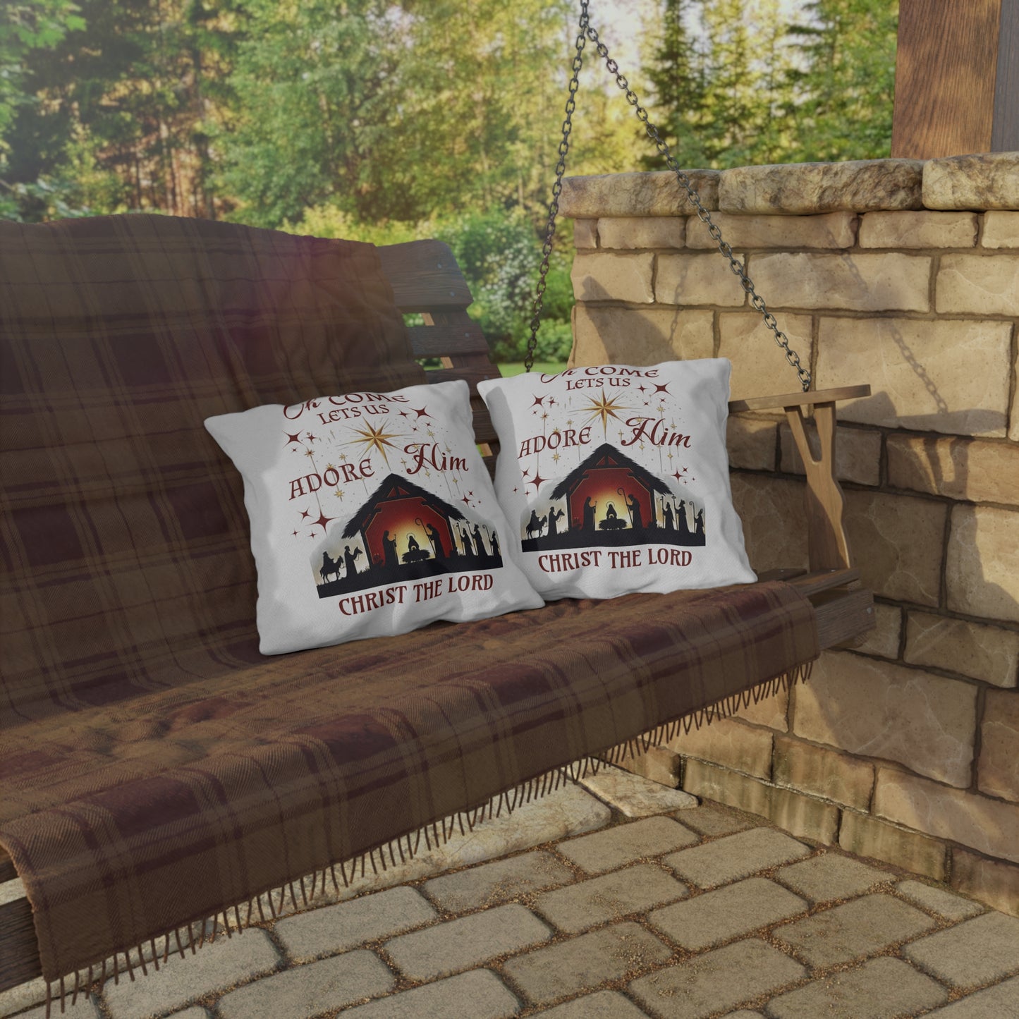 Outdoor Pillows - Nativity scene with 'Oh come let us adore Him, Christ the Lord'