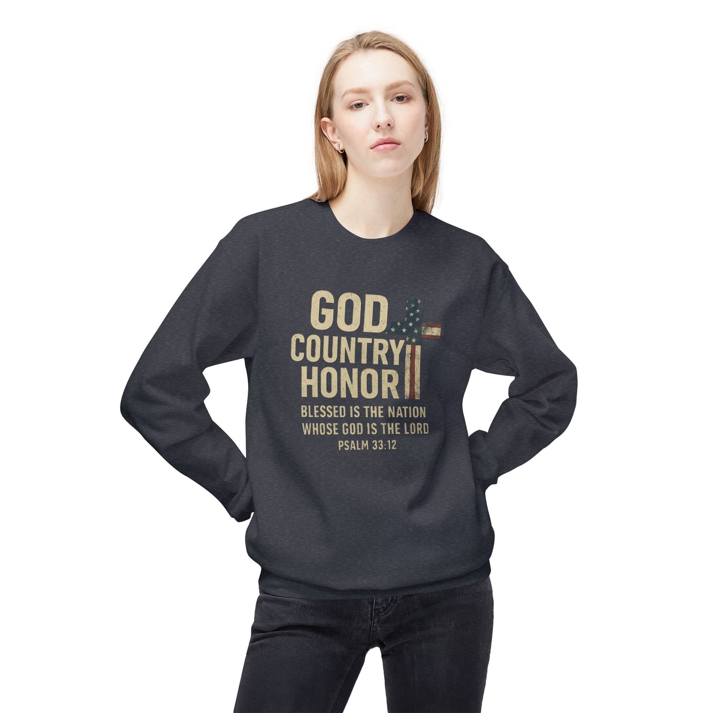 God, Country, Honor with American Flag Shaped Cross Sweatshirt -