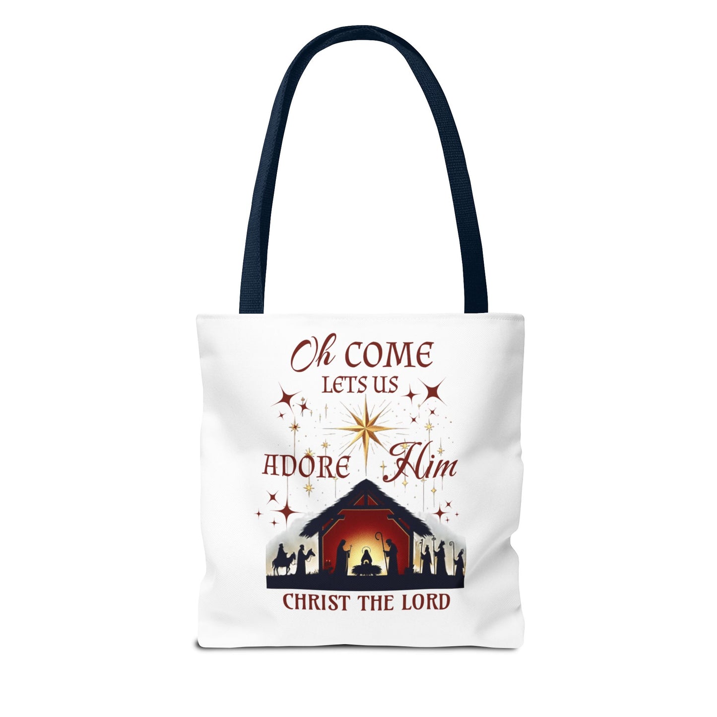 Nativity Scene Tote Bag with 'Oh come let us adore Him, Christ the Lord' Phrase