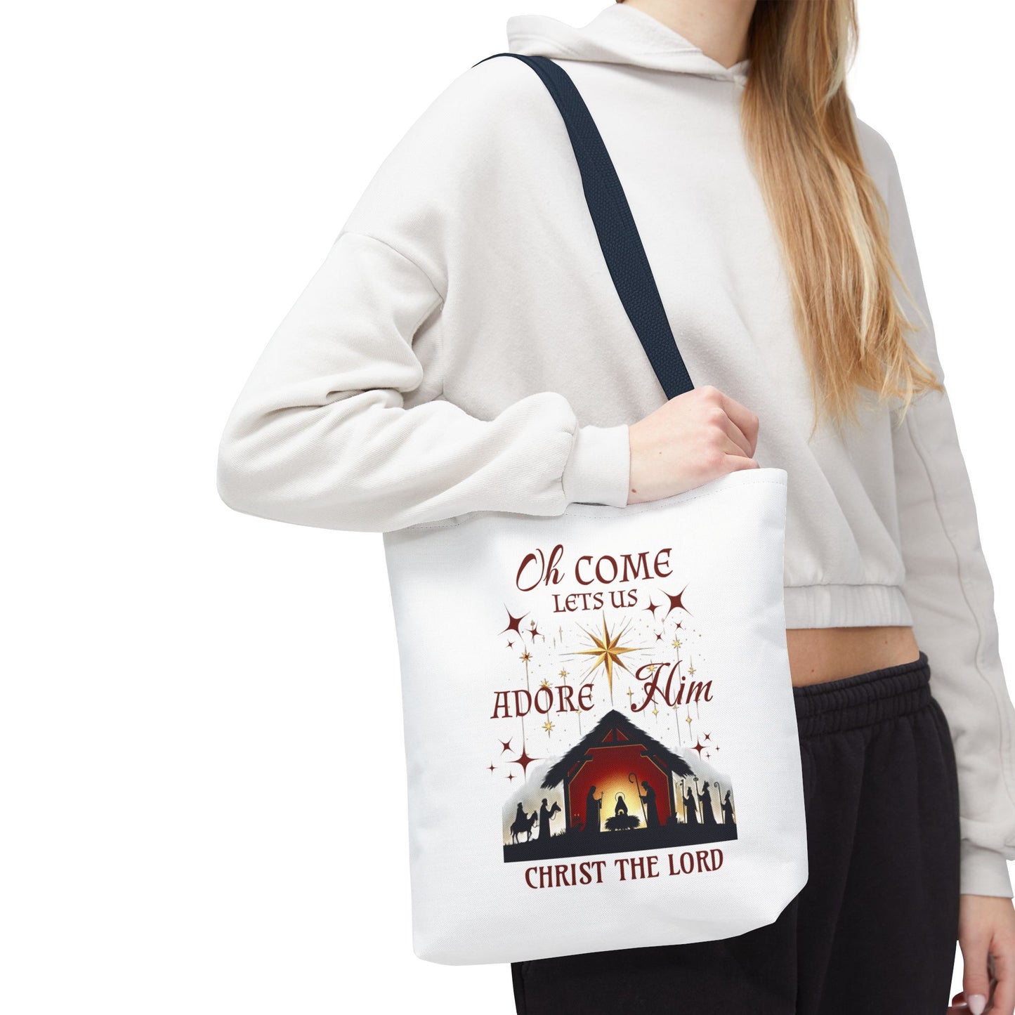 Nativity Scene Tote Bag with 'Oh come let us adore Him, Christ the Lord' Phrase