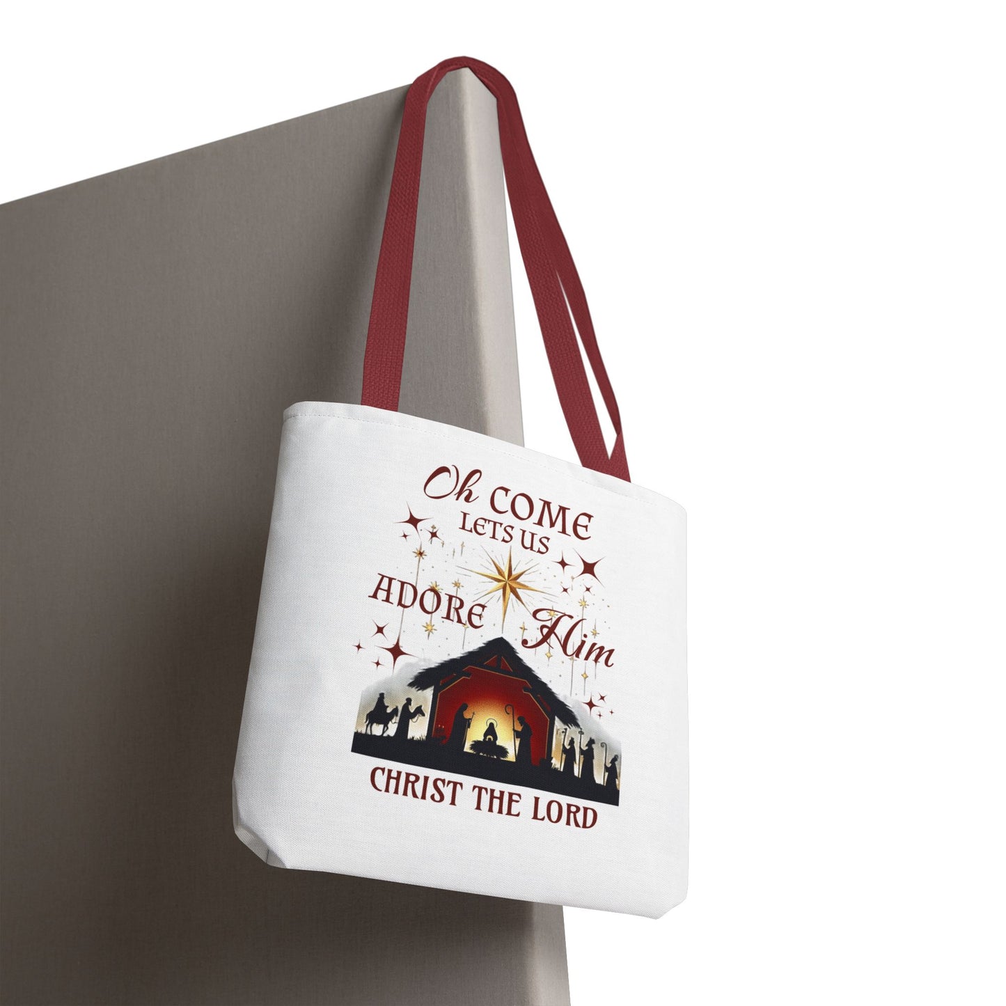 Nativity Scene Tote Bag with 'Oh come let us adore Him, Christ the Lord' Phrase