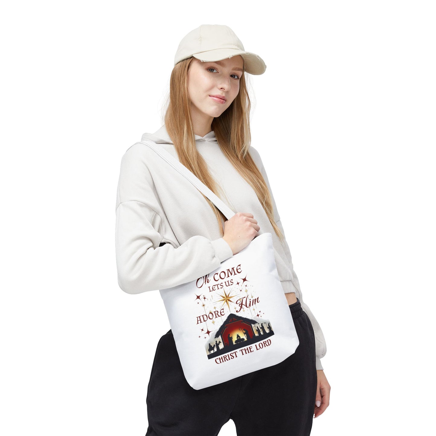 Nativity Scene Tote Bag with 'Oh come let us adore Him, Christ the Lord' Phrase