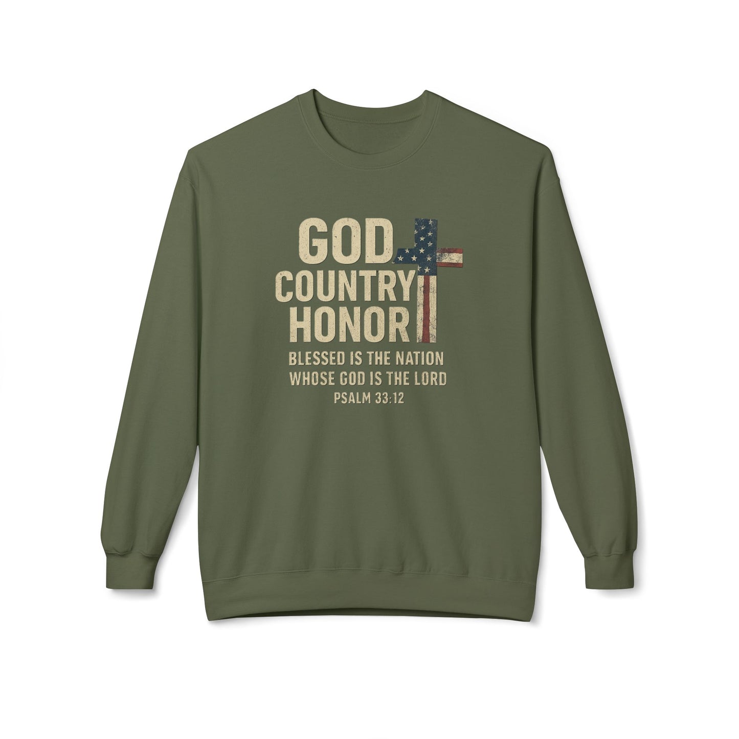 God, Country, Honor with American Flag Shaped Cross Sweatshirt -