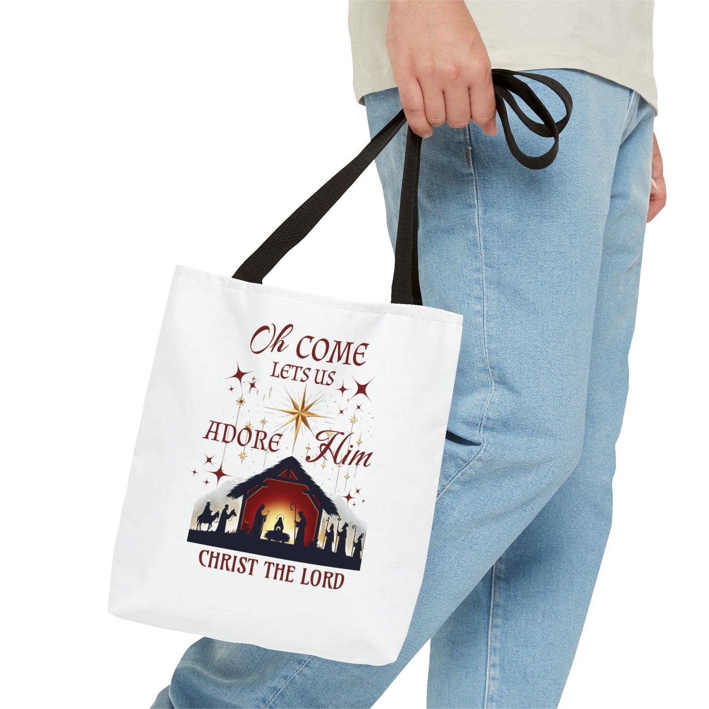 Nativity Scene Tote Bag with 'Oh come let us adore Him, Christ the Lord' Phrase
