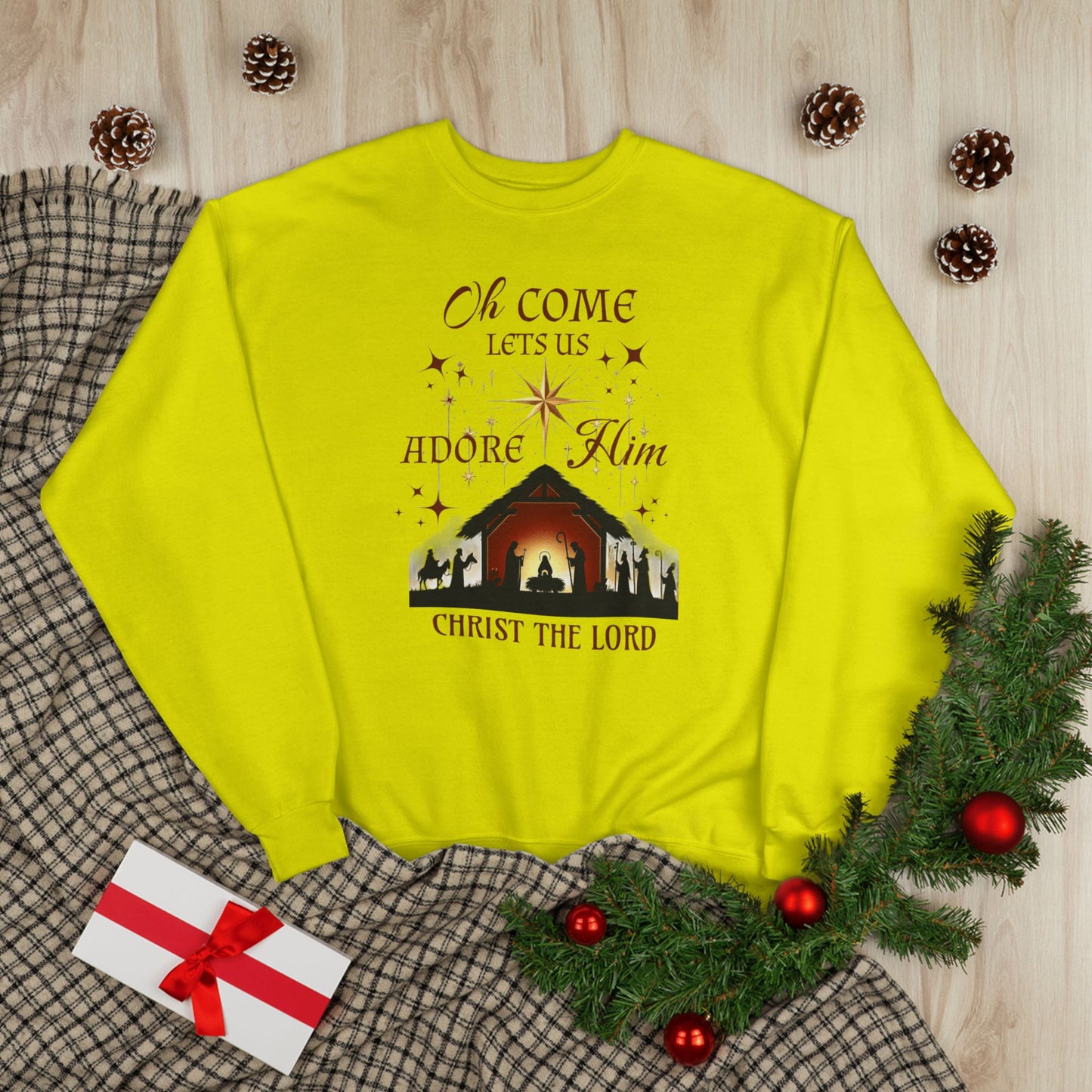 Christmas Nativity Unisex Sweatshirt with 'Oh come let us adore him, Christ the Lord' Design