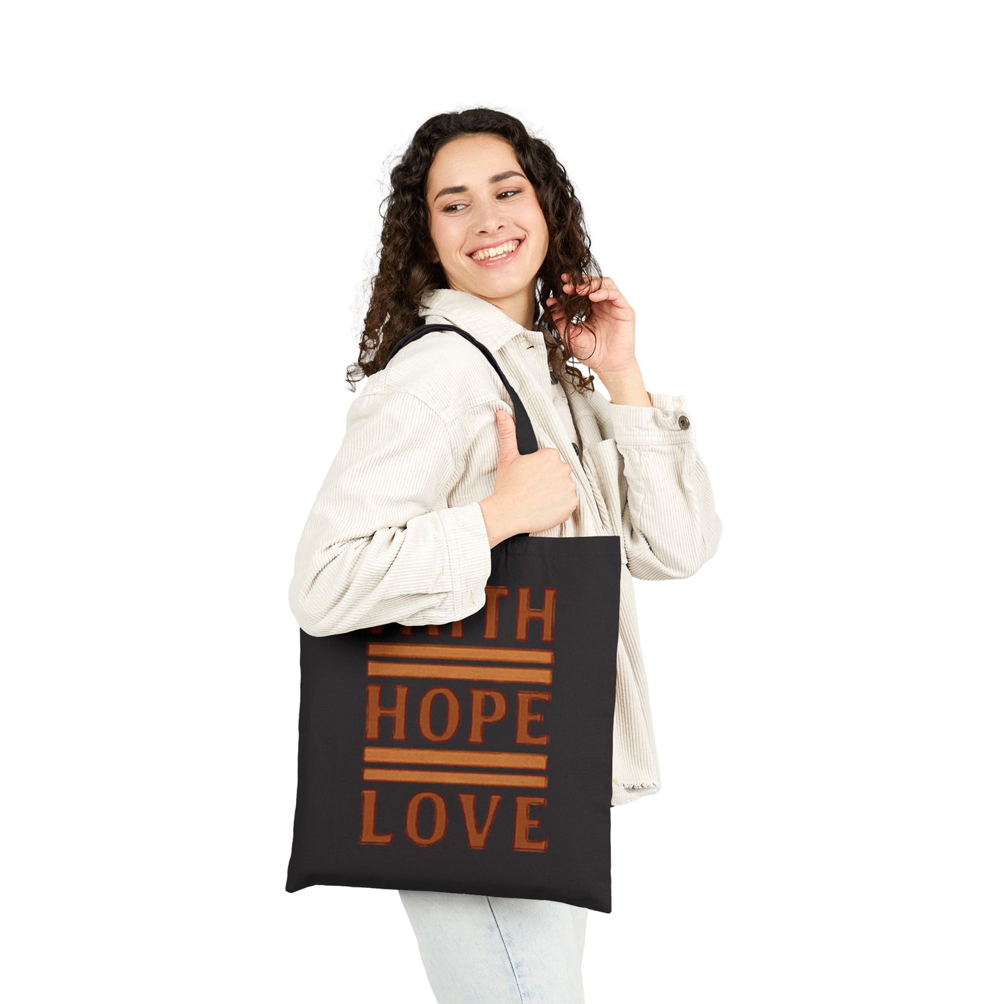 Faith Hope Love Cotton Canvas Tote Bag — Inspirational Quote Market Bag