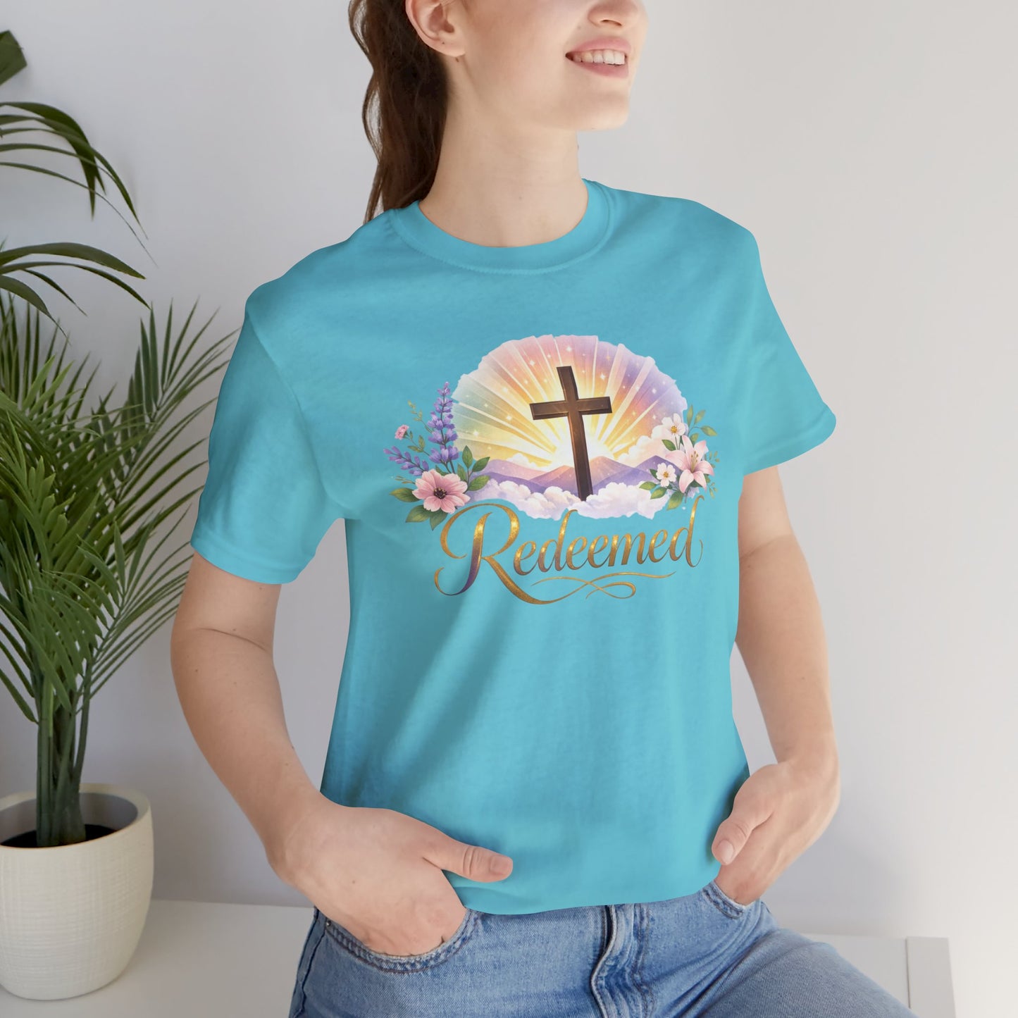 "Redeemed" Cross Floral T-Shirt — Christian Faith Tee