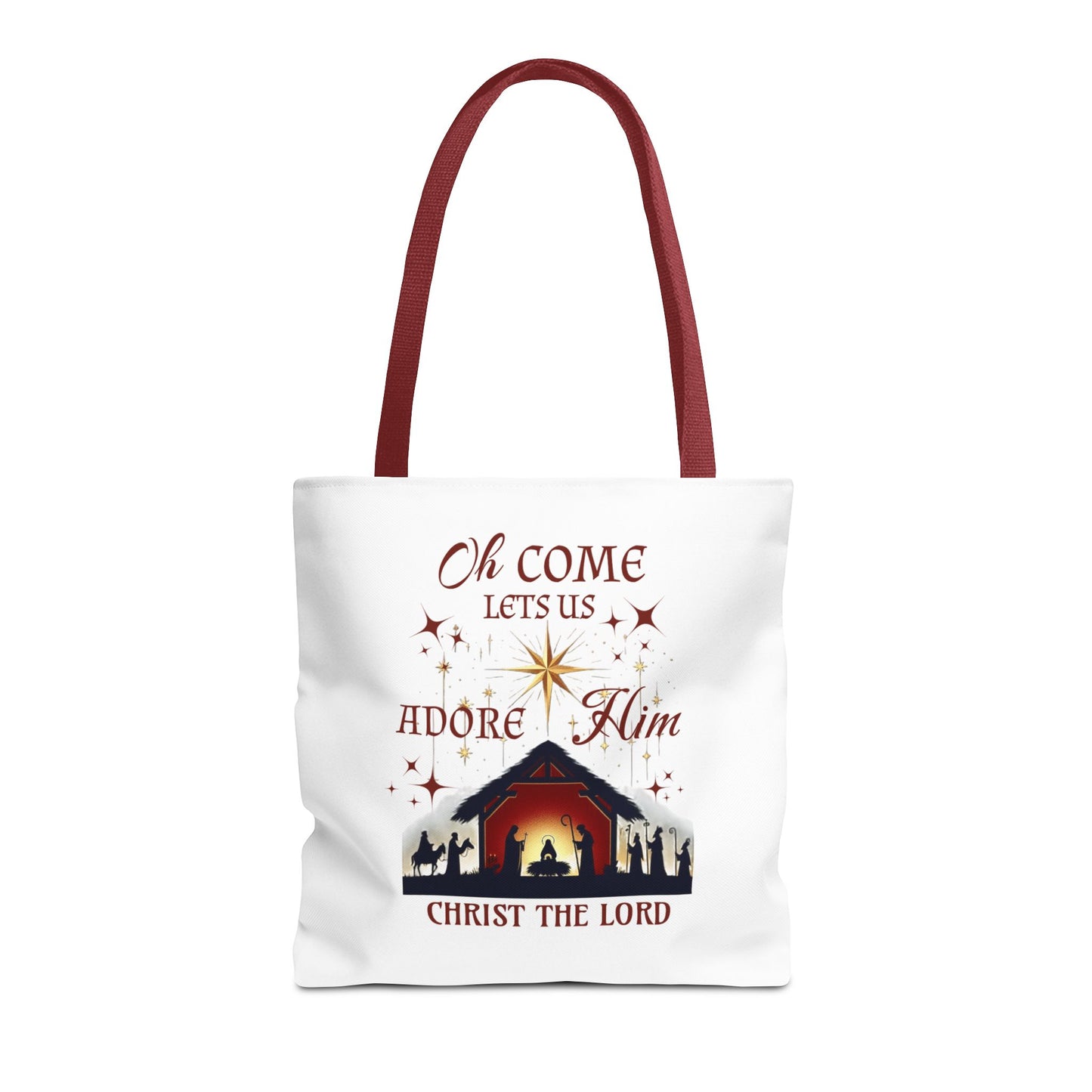 Nativity Scene Tote Bag with 'Oh come let us adore Him, Christ the Lord' Phrase
