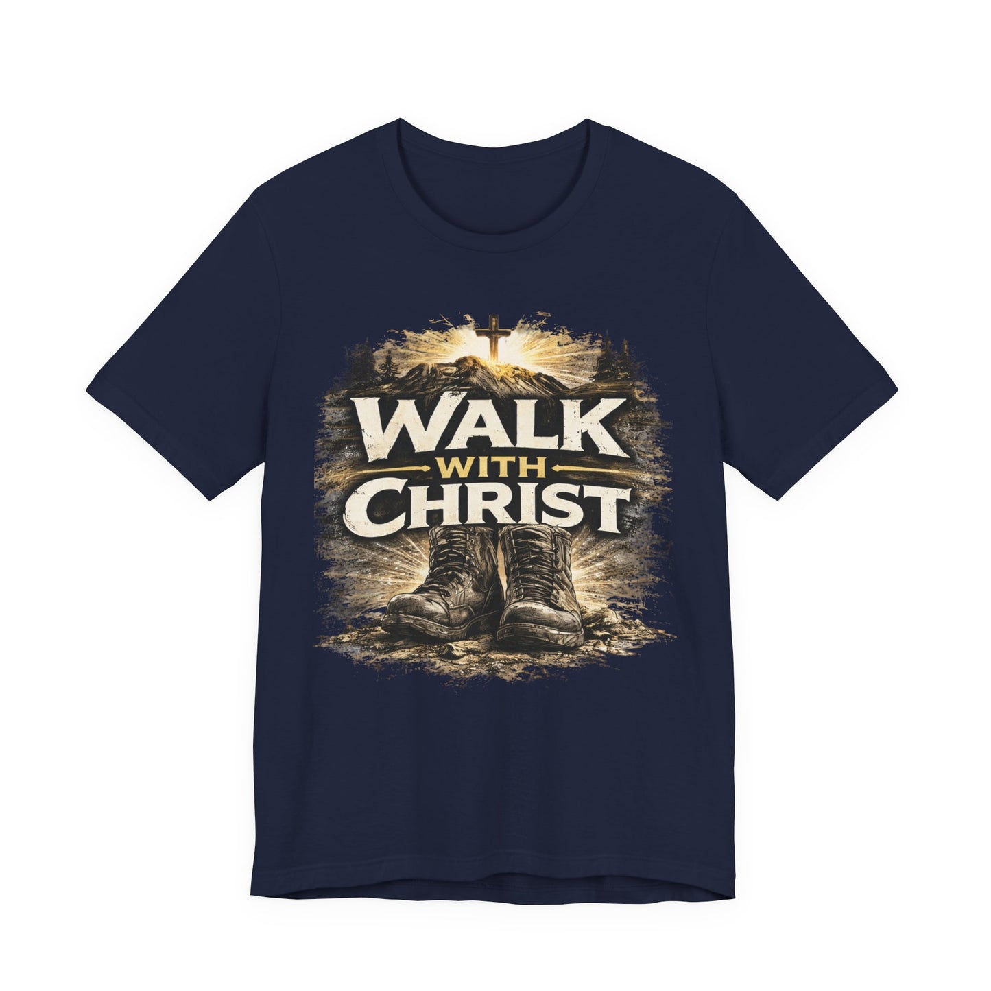 Walk With Christ T-Shirt — Christian Faith Tee with Boots & Cross Design