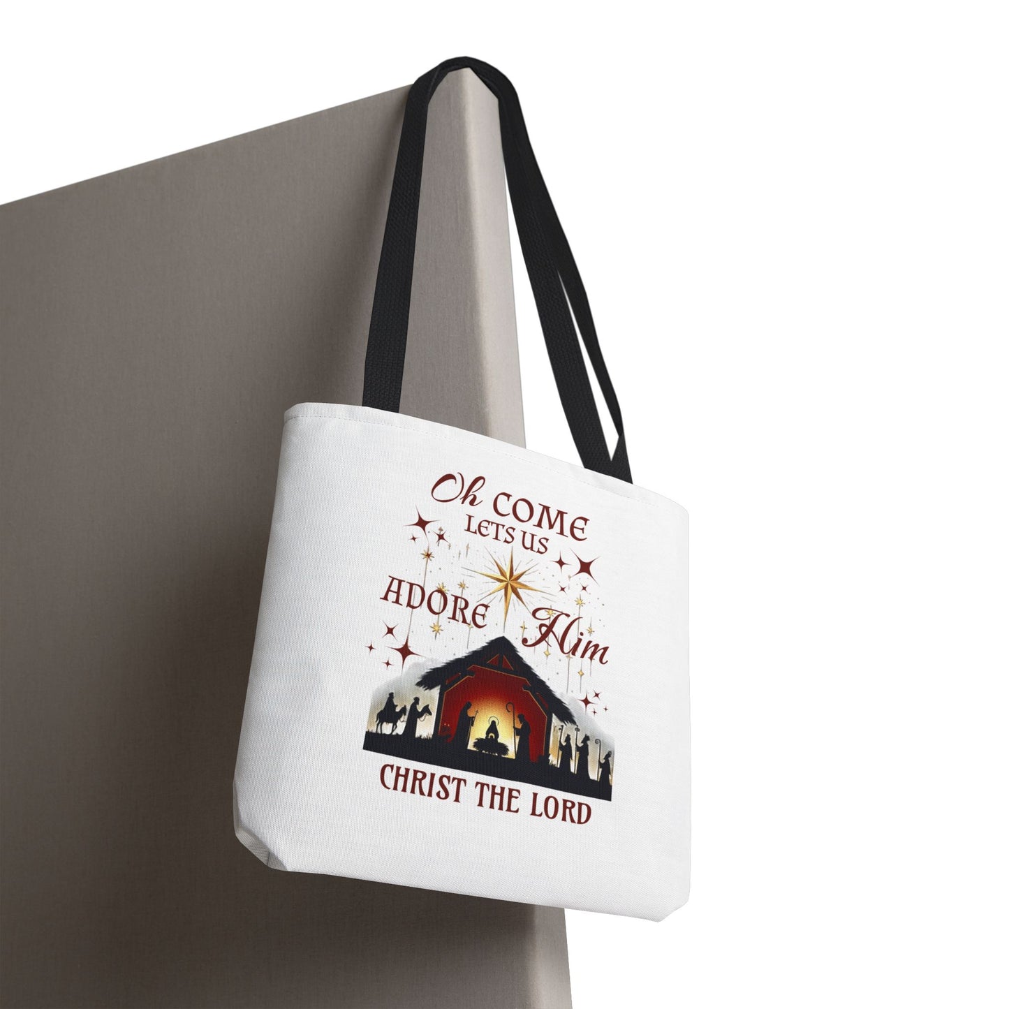 Nativity Scene Tote Bag with 'Oh come let us adore Him, Christ the Lord' Phrase