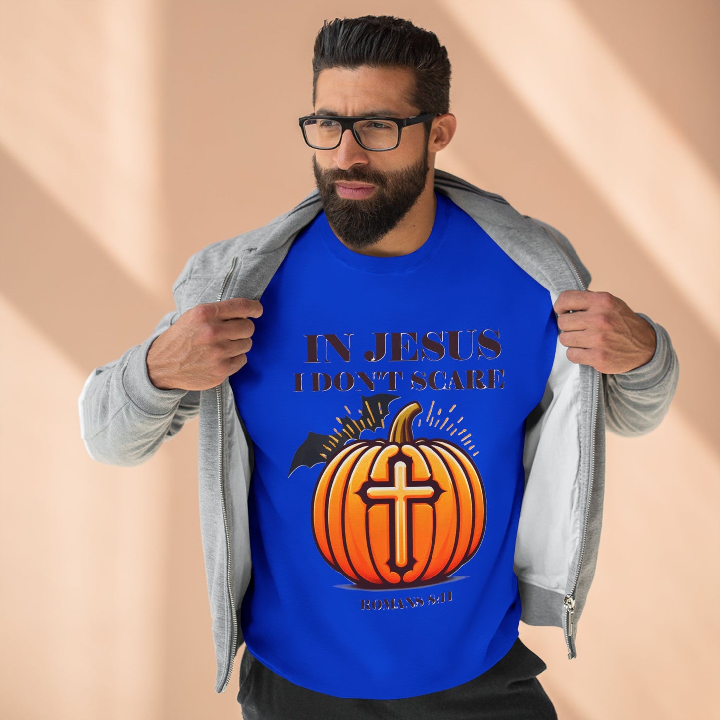 Christian Unisex Crewneck Sweatshirt with Bible Verse Romans 8:11 'IN JESUS I DON'T SCARE'