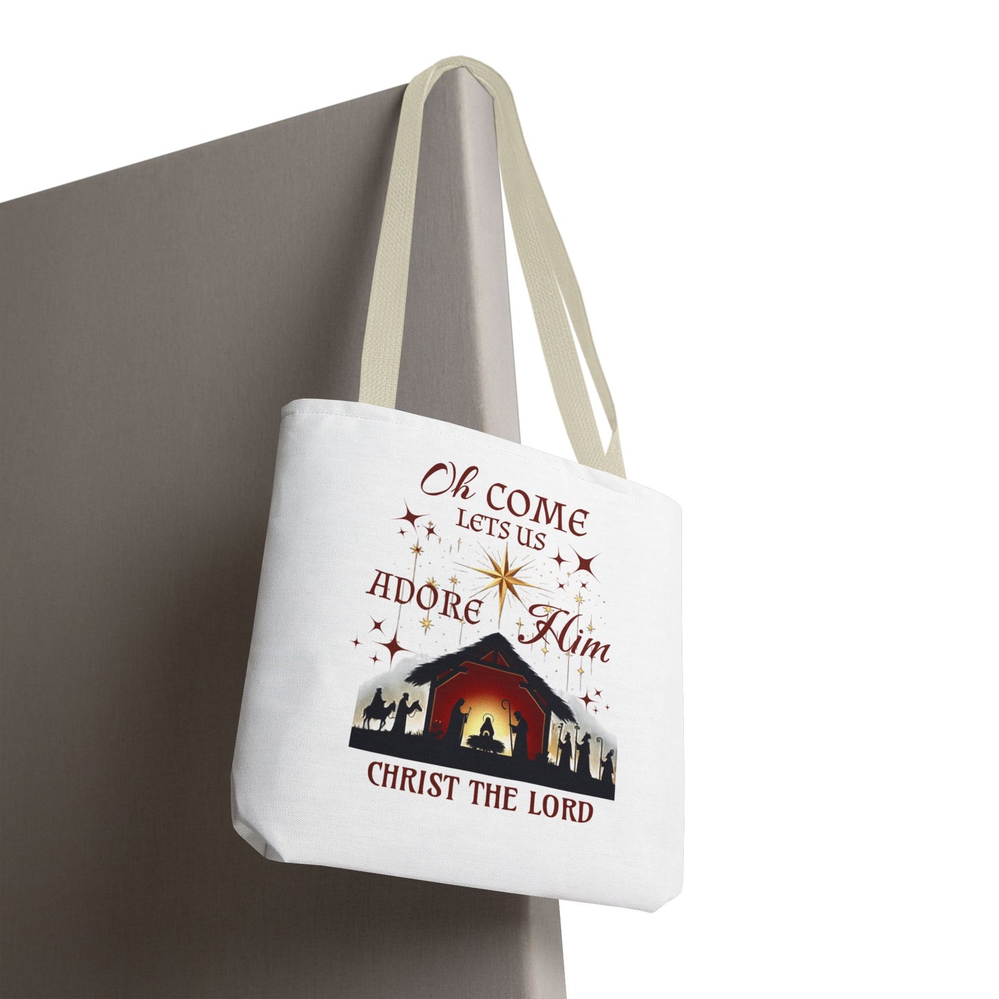 Nativity Scene Tote Bag with 'Oh come let us adore Him, Christ the Lord' Phrase